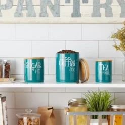 Design Imports Teal Coffee/Sugar/Tea Ceramic Canister Set/3 -Design Imports GUEST 06ce766a d677 41ba b9de a17908433d02