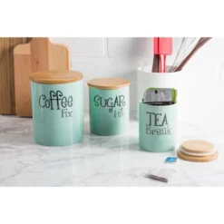 Design Imports Aqua Coffee/Sugar/Tea Ceramic Canister Set/3