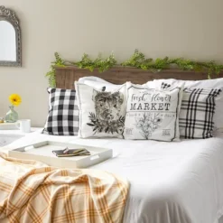 4pk 18"x18" Pig And Flower Market Farmhouse Check And Printed Square Throw Pillow Covers White - Design Imports -Design Imports GUEST 130fa712 bd2e 48a7 aa32 8600948129b9