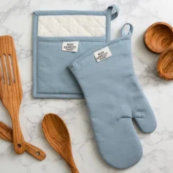 Design Imports Chino Oven Mitt & Potholder Kitchen Set/2, Dusty Blue