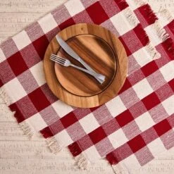 Design Imports Check Fringe Placemat Set/4, Garnet