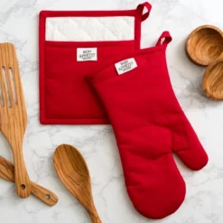 Design Imports Chino Oven Mitt & Potholder Kitchen Set/2, Red Cider