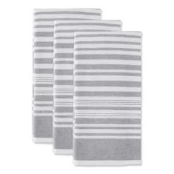 Design Imports Terry French Variegated Stripe Dishtowel Set 3 Piece, Mineral Gray Stripe, 18X28"