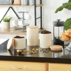 Design Imports Antique White Matte Retro Vine Texture Ceramic Canister Set/3 -Design Imports GUEST 2bcf53aa 368a 407a 91a8 11e447ffd52c