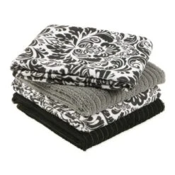 Design Imports Black Damask Mf Dishtowel Set/4