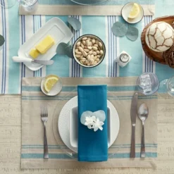 DII French Stripe Placemat Set 6 Piece, Taupe/Teal, 13x19" -Design Imports GUEST 38b8a33e 6cb5 41be 9fc9 600f89e94892