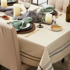 Design Imports French Stripe Tablecloth, Taupe/Black, 60X84"