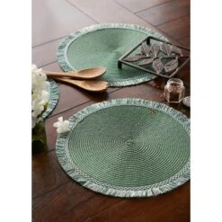 DII Fringe Placemat Set 6 Piece, Dark Green, 14.75" Dia