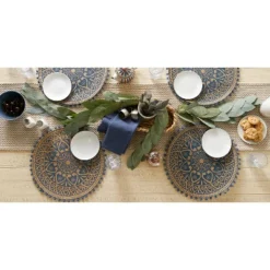 DII Block Print Jute Placemat Set 6 Piece, French Blue Block Print, 15" Dia -Design Imports GUEST 3f768b7d a975 4703 bc47 ec3d849eda72