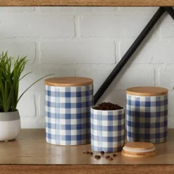 Design Imports Blue & White Buffalo Check Ceramic Canister Set/3 -Design Imports GUEST 4b5031a5 cafb 4005 bb57 c367fad084f6