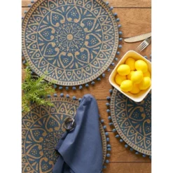 DII Block Print Jute Placemat Set 6 Piece, French Blue Block Print, 15" Dia -Design Imports GUEST 500e9eea 21b4 4e88 a7ee d7407a3621a4