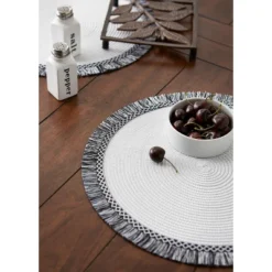 DII Fringe Placemat Set 6 Piece, White/Black, 14.75" Dia