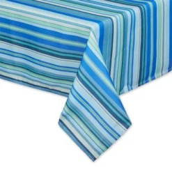 Design Imports Blue Ocean Stripe Print Outdoor Tablecloth With Zipper 60X84