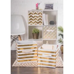 Design Imports Nonwoven Polyester Cube Stripe White/Gold Square 11X11X11 Set/4 -Design Imports GUEST 5c0f0d20 14c0 4a66 9e49 e7d3e7811340