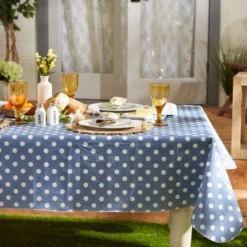Design Imports Stonewash Blue Polka Dot Vinyl Tablecloth 70 Round