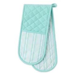 Design Imports Double Stripe Oven Mitt Set Aqua 35X7.5"
