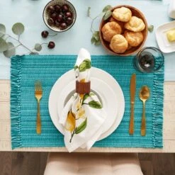 DII Variegated Fringe Placemat Set 6 Piece, Teal, 13x19"