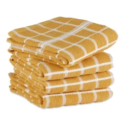 Design Imports Solid Terry Windowpane Dishtowel Set 4 Piece, 16X26", Honey Gold Check