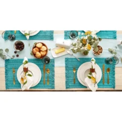 DII Variegated Fringe Placemat Set 6 Piece, Teal, 13x19" -Design Imports GUEST 65be1f7d adaa 448a bd10 5f2d139e93d2