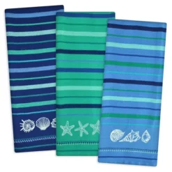 3pk Cotton Assorted Embroidered Dishtowels Blue - Design Imports: Kitchen Hand Towels, Decorative, Stripe Pattern, 18"x28"