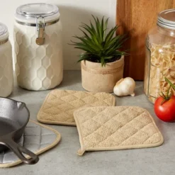 Design Imports Terry Solid Potholder Set 3 Piece Pebble 7X7" -Design Imports GUEST 794f46b1 be83 4bd2 9991 3ab7c8d5647c