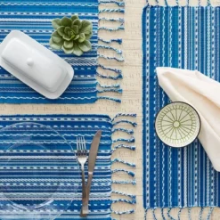 Design Imports Blue Tonal Stripe With Fringe Placemat Set/6