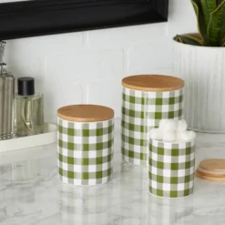 Design Imports Antique Green & White Buffalo Check Ceramic Canister Set/3 -Design Imports GUEST 87842df7 e5ba 4836 bdf1 212dd879dc3e