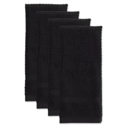 Design Imports Terry Waffle Solid Dishtowel Set 4 Piece, 15X26", Black