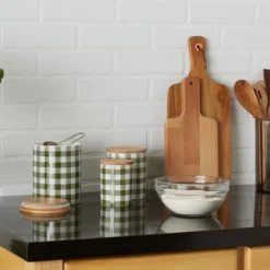 Design Imports Antique Green & White Buffalo Check Ceramic Canister Set/3 -Design Imports GUEST 8cde5845 0586 40eb a955 852668f0a71f