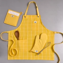 Design Imports Apron, Oven Mitt & Potholder Kitchen Set/3, Yarrow Yellow