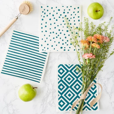 Design Imports Swedish Dishcloth Set/3, Reusable & Absorbent, Teal & White 3 Design Imports Swedish Dishcloth Set/3, Reusable & Absorbent, Teal & White - Image 3