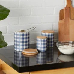 Design Imports Blue & White Buffalo Check Ceramic Canister Set/3 -Design Imports GUEST a69e02e2 ab6d 4eb5 b341 24dc350fdda1