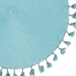 AQUA TASSEL FRINGE PP WOVEN ROUND PLACEMAT SET/6