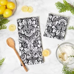 Design Imports Damask Print Dishtowel Set 2 Piece, 18X28", Black -Design Imports GUEST aedeae7c 1313 4680 8090 bbed88f971ac