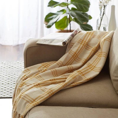 50"x60" Modern Farmhouse Plaid Throw Blanket Gold - Design Imports: Cotton Woven, Hypoallergenic, Machine Washable 7 50"x60" Modern Farmhouse Plaid Throw Blanket Gold - Design Imports: Cotton Woven, Hypoallergenic, Machine Washable - Image 7