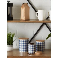 Design Imports Blue & White Buffalo Check Ceramic Canister Set/3 -Design Imports GUEST b49074d4 c8b0 40a4 a956 882d143a8647