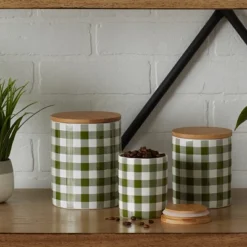 Design Imports Antique Green & White Buffalo Check Ceramic Canister Set/3 -Design Imports GUEST d982105a 8e16 4f4d a953 229325e68ebb