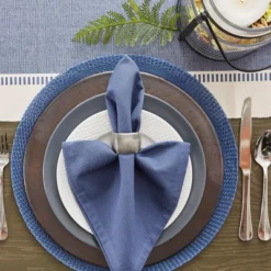 DII Round Floral Placemat Set 6 Piece, French Blue, 15" Dia