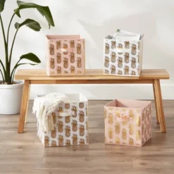 Set Of 4 11" X 11" X 11" Nonwoven Polyester Pineapple Square Storage Cube White/Gold - Design Imports -Design Imports GUEST e60250f3 6dc7 44d5 8711 9d2b835aadc6