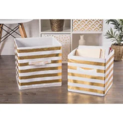 Design Imports Nonwoven Polyester Cube Stripe White/Gold Square 11X11X11 Set/4 -Design Imports GUEST e9f0fd4d 46ae 4319 8636 ce294f3491a0