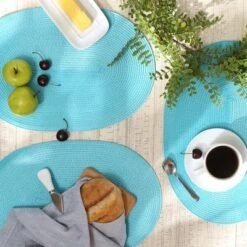 DII Oval Placemat Set 6 Piece, Aqua, 12x18"