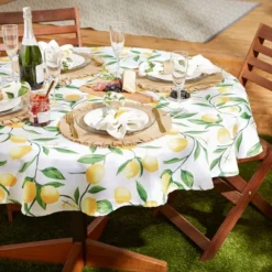 Design Imports Lemon Bliss Print Outdoor Tablecloth 60 Round