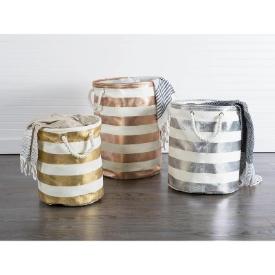 Design Imports Paper Bin Stripe Gold Round Large 20X15X15 4 Design Imports Paper Bin Stripe Gold Round Large 20X15X15 - Image 4