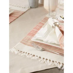 6pk Cotton Pimento Striped Placemats With Fringe - Design Imports: Washable Kitchen & Dining Table Decor, Rectangle, 13"x11" -Design Imports GUEST f2ee179c 96cb 4f2a af4d 9e614e223357