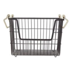 DII Design Imports Metal Wire Mesh Stackable Utility Storage Bin With Swinging Handles For Kitchens, Offices, And Living Rooms, Medium, Black & Gold