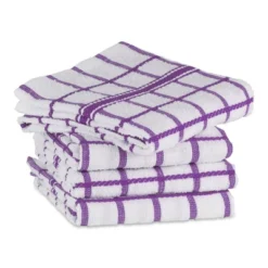 Design Imports Terry Windowpane Dishtowel Set 4 Piece, 16X26", Eggplant
